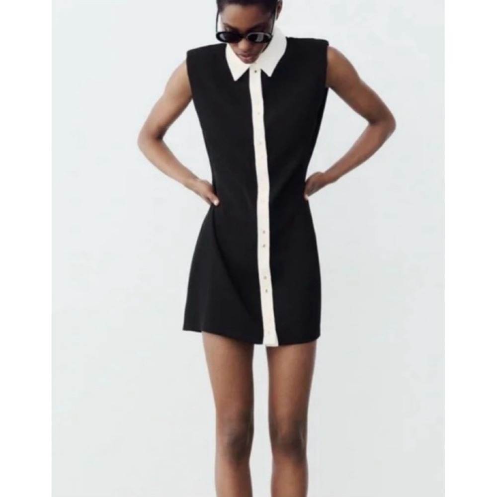 Zara Womens Sleeveless Colorblock Mini Dress Black White Gold Button Size S